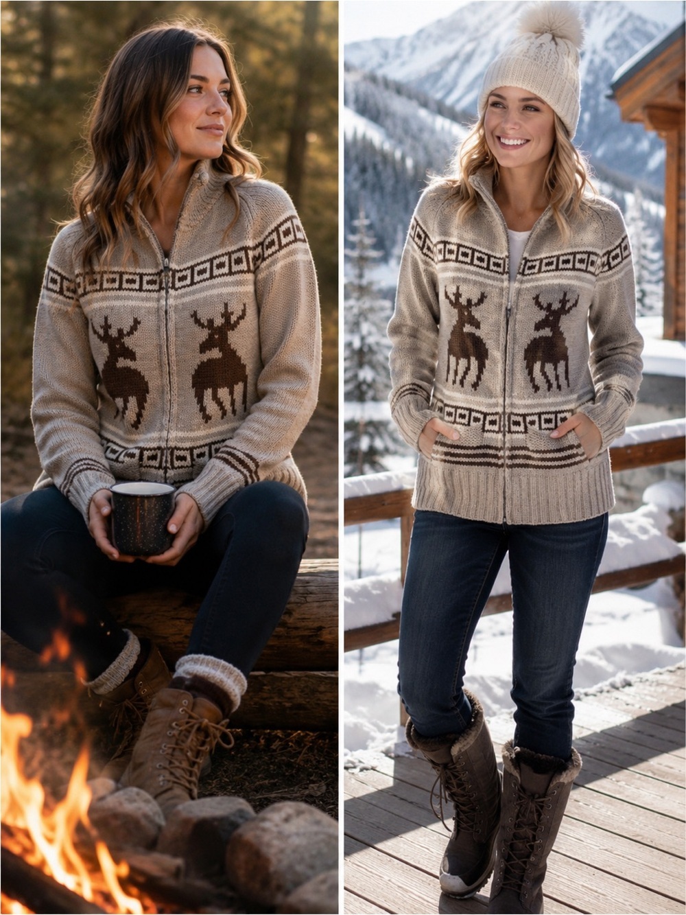 Triple Five Soul beige brown reindeer Zipup jacket wool sweater Sz S - Picture 3 of 15